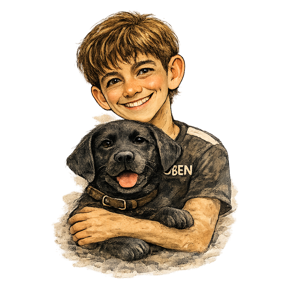 Caricature of Ethan with Belle the black Labrador puppy