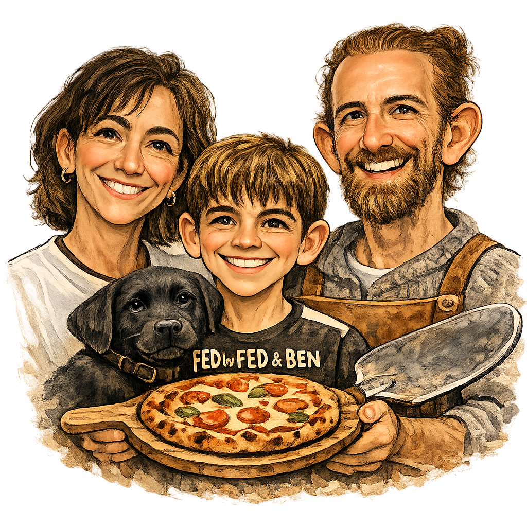 Caricature of Federica, Ethan, Ben and Belle the lab puppy holding a pizza that reads 'Fed by Fed and Ben'